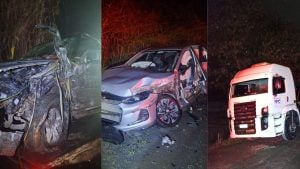 Acidente envolvendo caminhão, S10 e Onix na BR-354, em Arcos