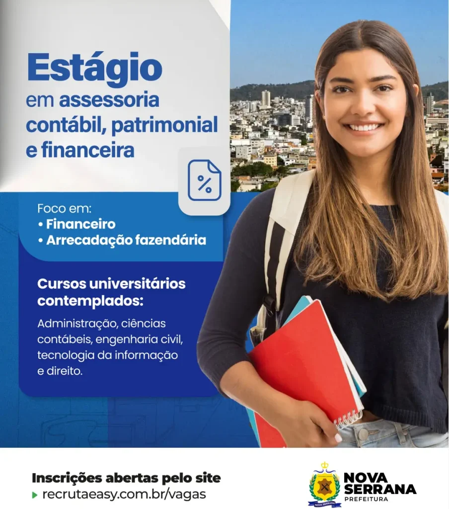 Est&aacute;gio Prefeitura de Nova Serrana com bolsa de R$ 1.621 para estudantes universit&aacute;rios.