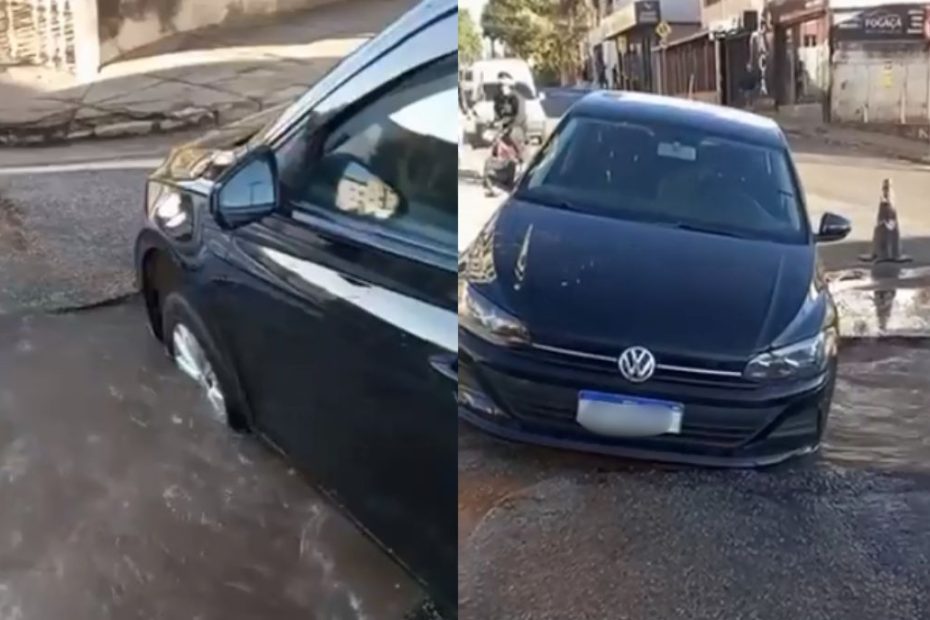 Adutora da Copasa rompe e carro cai em buraco no Planalto, em Divinópolis