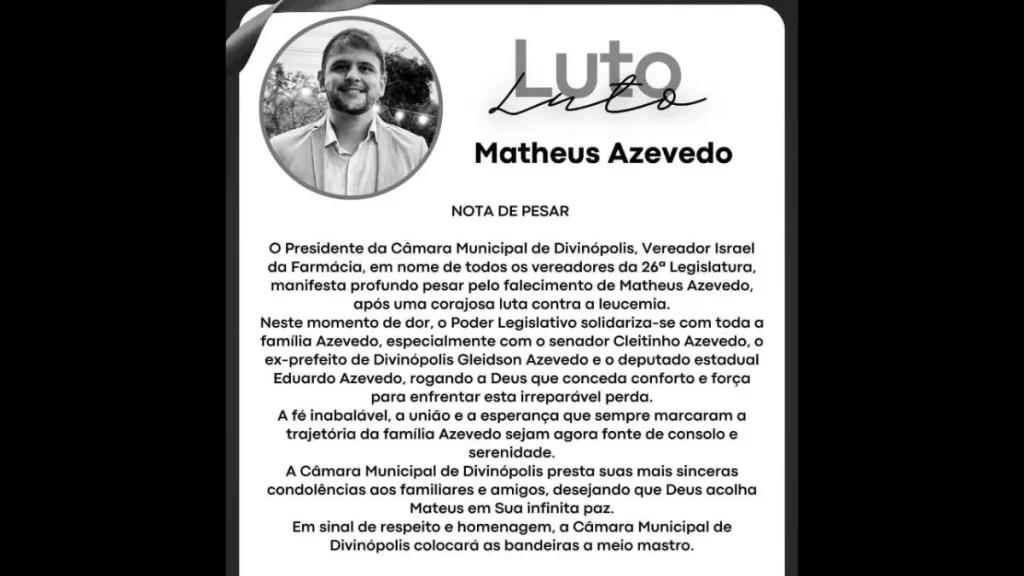 Nota de pesar por Matheus Azevedo divulgada pela C&acirc;mara Municipal de Divin&oacute;polis