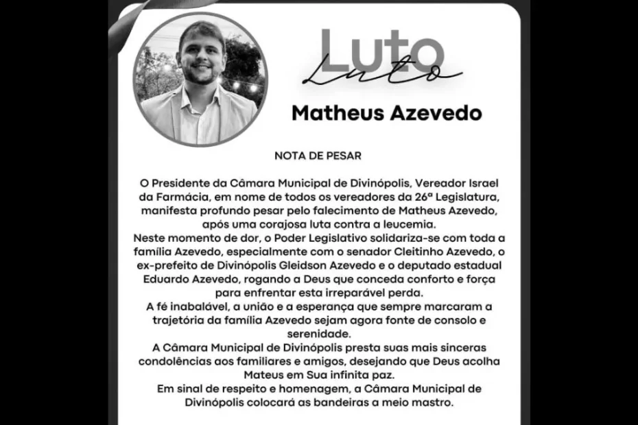 Nota de pesar por Matheus Azevedo divulgada pela Câmara Municipal de Divinópolis