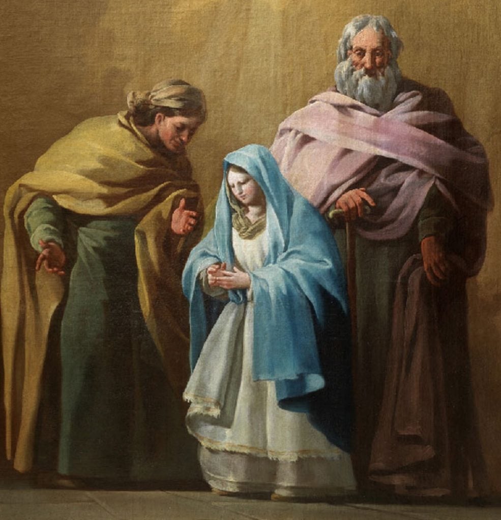 Representa&ccedil;&atilde;o de S&atilde;o Joaquim e Santa Ana com a menina Maria, simbolizando o Dia dos Av&oacute;s