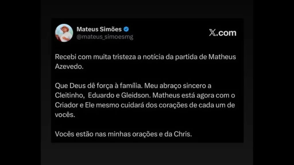 Mateus Sim&otilde;es lamenta morte de Matheus Azevedo em publica&ccedil;&atilde;o nas redes sociais