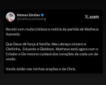 Mateus Simões lamenta morte de Matheus Azevedo em publicação nas redes sociais