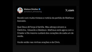 Mateus Sim&otilde;es lamenta morte de Matheus Azevedo em publica&ccedil;&atilde;o nas redes sociais