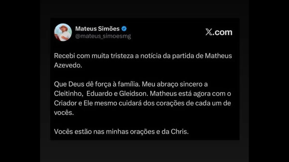 Mateus Sim&otilde;es lamenta morte de Matheus Azevedo em publica&ccedil;&atilde;o nas redes sociais