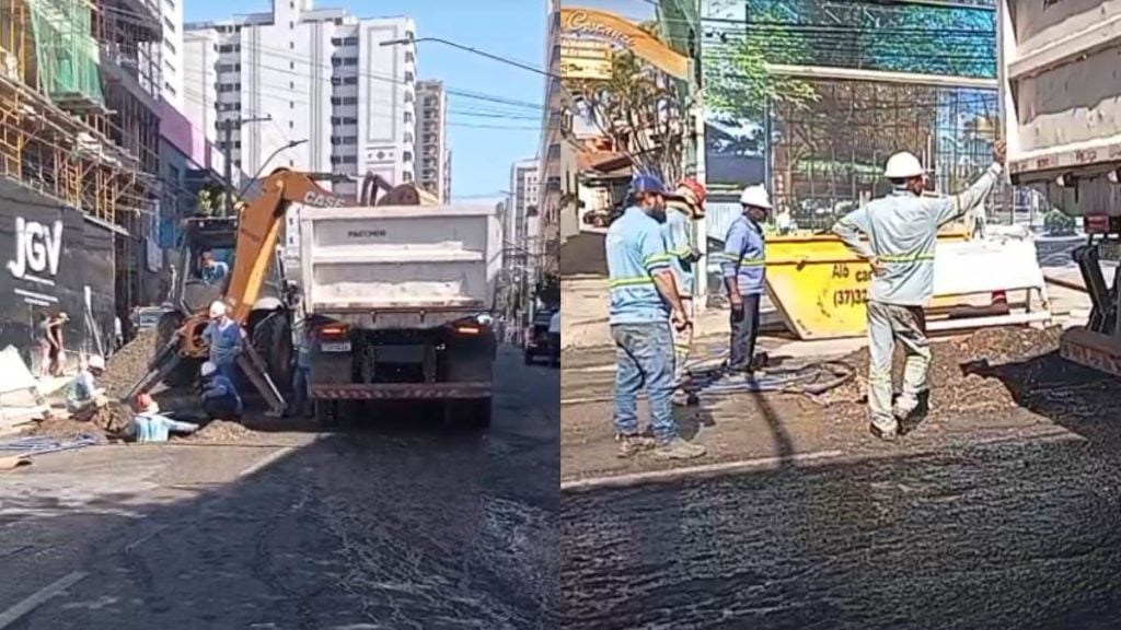 Obra da Copasa fecha rua Rio de Janeiro, no Centro de Divin&oacute;polis