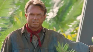 Sam Neill, astro de Jurassic Park, durante evento de divulgação do filme.