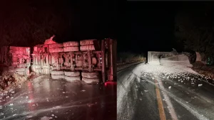 Carreta tomba após colisão com rodotrem na BR-354, em Formiga.