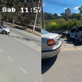 Câmera flagra acidente entre carro e moto na av. Autorama, em Divinópolis