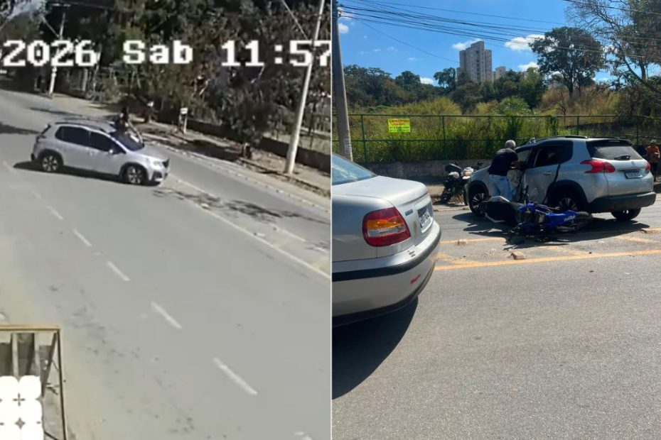 Câmera flagra acidente entre carro e moto na av. Autorama, em Divinópolis
