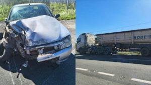 Casal fica ferido ap&oacute;s batida entre carro e carreta na MG-050