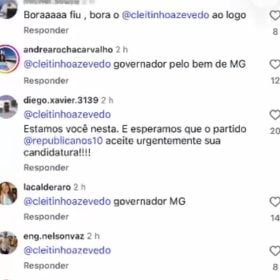 Comentários de apoiadores de Cleitinho em publicação do Republicanos pedindo sua candidatura ao Governo de Minas