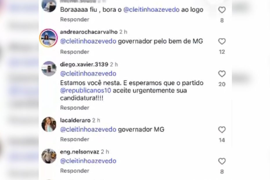 Coment&aacute;rios de apoiadores de Cleitinho em publica&ccedil;&atilde;o do Republicanos pedindo sua candidatura ao Governo de Minas