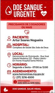 Artur Soares Nogueira precisa de doadores de sangue; veja como ajudar