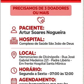 Artur Soares Nogueira precisa de doadores de sangue; veja como ajudar