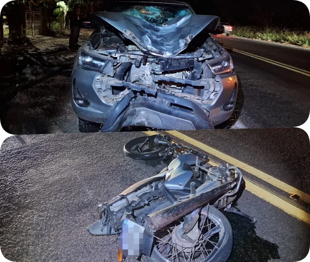 A colis&atilde;o frontal entre a picape e a motocicleta ocorreu no trecho entre Mateus Leme e Ita&uacute;na na noite de s&aacute;bado. [Foto: Divulga&ccedil;&atilde;o / Policiamento Rodovi&aacute;rio]