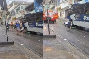 Motociclista é atingido por ônibus após perder controle em rua íngreme de Belo Horizonte durante chuva forte