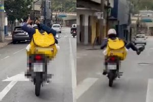 Homem é flagrado pilotando motocicleta com perna atrás do pescoço em Belo Horizonte