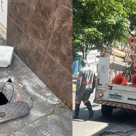 Wind banners de candidatos próximos a caixas de passagem na Avenida JK, em Divinópolis