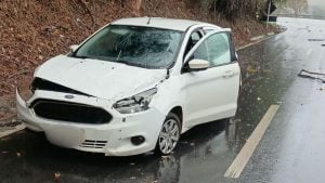 Carro Ford Ka após sair da pista e bater em barranco na BR-352, em Pará de Minas