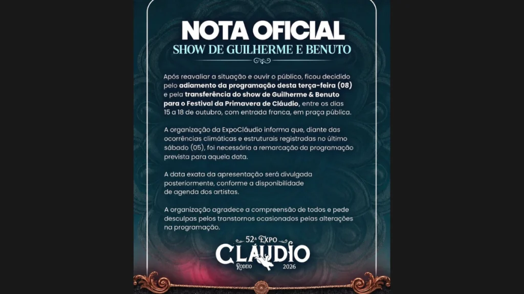 Show de Guilherme & Benuto &eacute; transferido em Cl&aacute;udio