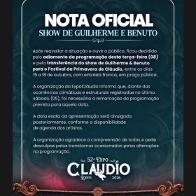 Show de Guilherme & Benuto é transferido em Cláudio