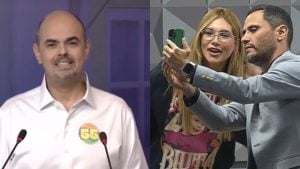 Mateus Simões durante debate da Record Minas em que citou foto de Cleitinho com Virgínia