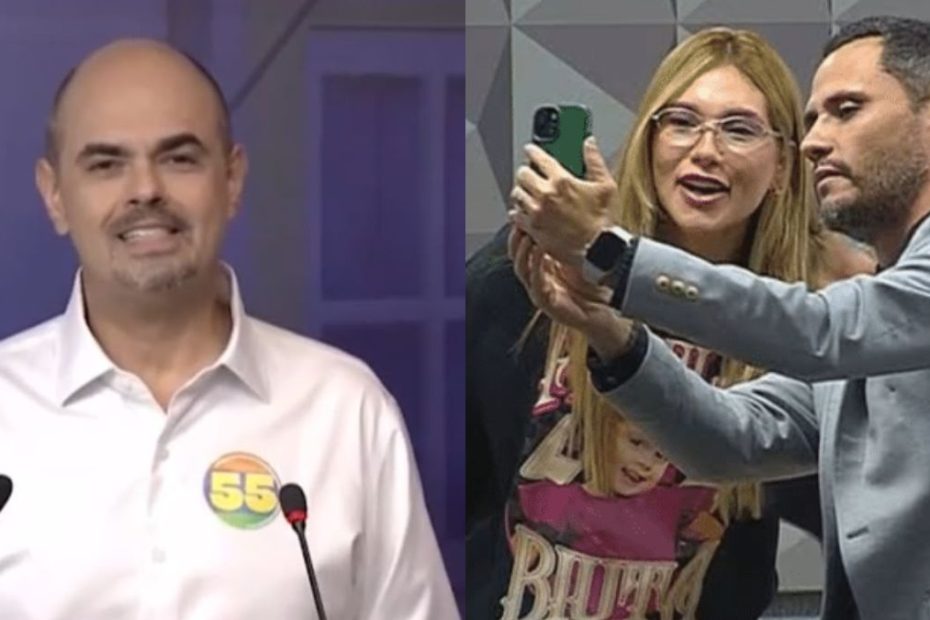 Mateus Simões durante debate da Record Minas em que citou foto de Cleitinho com Virgínia