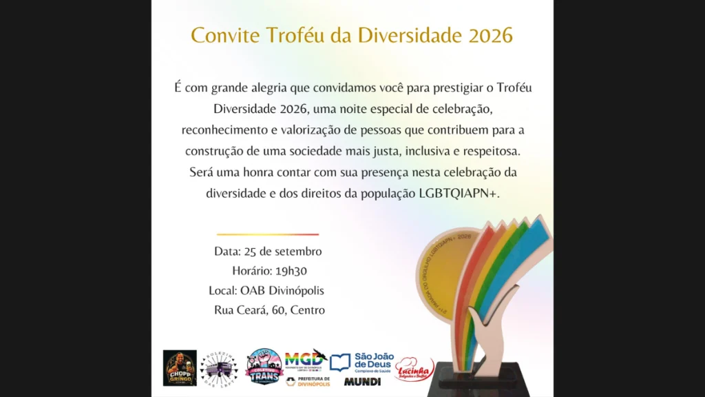 Trof&eacute;u da Diversidade 2026 ser&aacute; entregue em evento em Divin&oacute;polis.