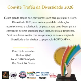Troféu da Diversidade 2026 será entregue em evento em Divinópolis.