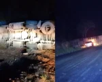 Carreta tombou no km 41 da MG-260, em Cl&aacute;udio, na madrugada desta segunda-feira (28).