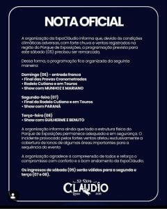 ExpoCláudio remarca shows após forte chuva e divulga nova programação
