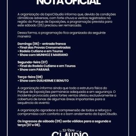 ExpoCláudio remarca shows após forte chuva e divulga nova programação