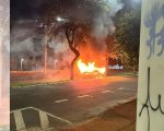 Carro colide com árvore, pega fogo e é abandonado na rua em Uberlândia