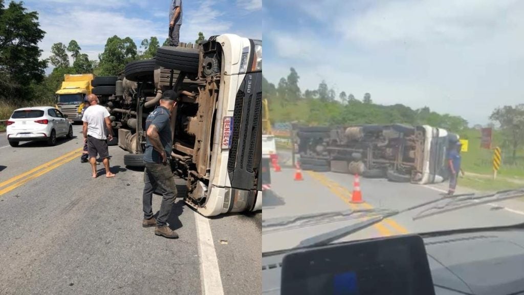 Caminh&atilde;o tomba e deixa tr&acirc;nsito lento na MG-050, em Divin&oacute;polis