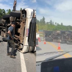 Caminh&atilde;o tomba e deixa tr&acirc;nsito lento na MG-050, em Divin&oacute;polis