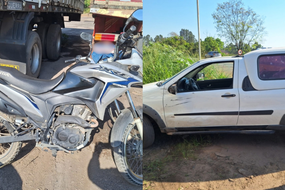 Acidente entre motocicleta e Fiat Strada na BR-494 em Divin&oacute;polis