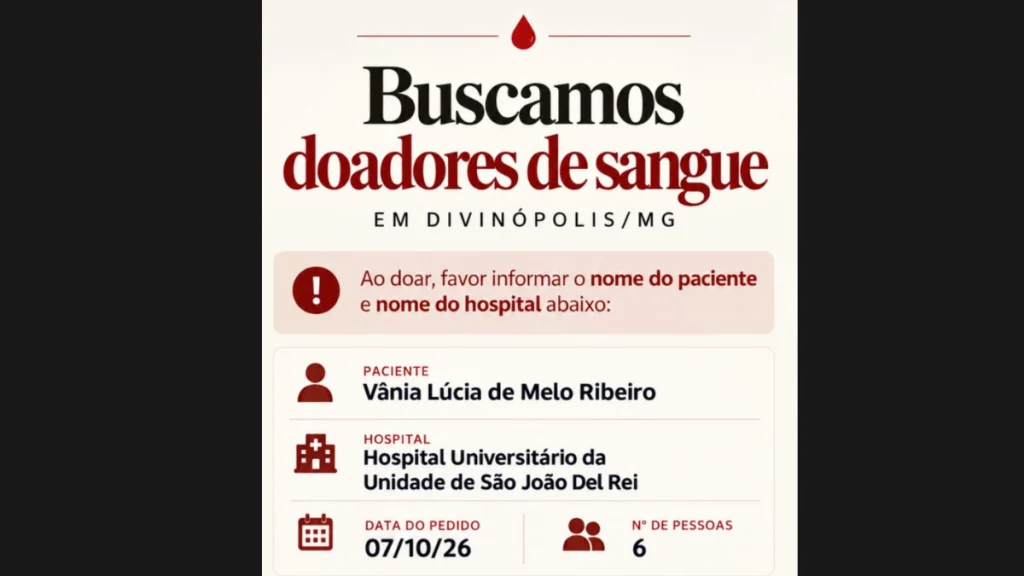 Paciente internada em Divin&oacute;polis precisa de doa&ccedil;&atilde;o de sangue