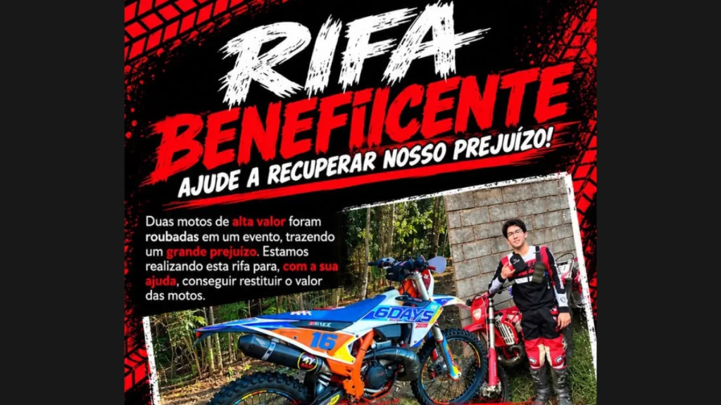 Rifa solid&aacute;ria organizada para ajudar a recuperar preju&iacute;zo ap&oacute;s furto de duas motos de trilha em Ouro Preto