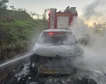 Carro fica destru&iacute;do ap&oacute;s inc&ecirc;ndio na MG-164, em Itapecerica
