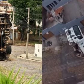Caminh&atilde;o tomba e fica 'de p&eacute;' ap&oacute;s n&atilde;o conseguir subir morro em Par&aacute; de Minas