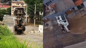 Caminhão tomba e fica 'de pé' após não conseguir subir morro em Pará de Minas