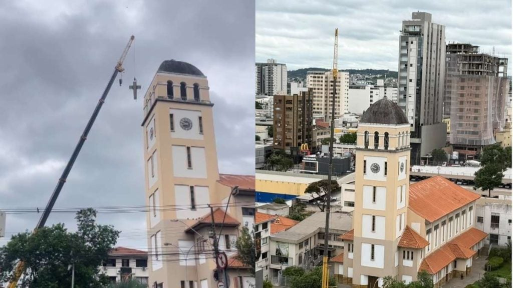Cruz do Santu&aacute;rio de Santo Ant&ocirc;nio &eacute; retirada para manuten&ccedil;&atilde;o em Divin&oacute;polis