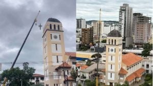 Cruz do Santu&aacute;rio de Santo Ant&ocirc;nio &eacute; retirada para manuten&ccedil;&atilde;o em Divin&oacute;polis