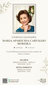 Maria Aparecida Carvalho Moreira morre aos 90 anos; família comunica despedida