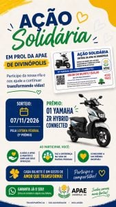 APAE de Divin&oacute;polis promove a&ccedil;&atilde;o solid&aacute;ria com sorteio de moto e bilhetes a R$ 25