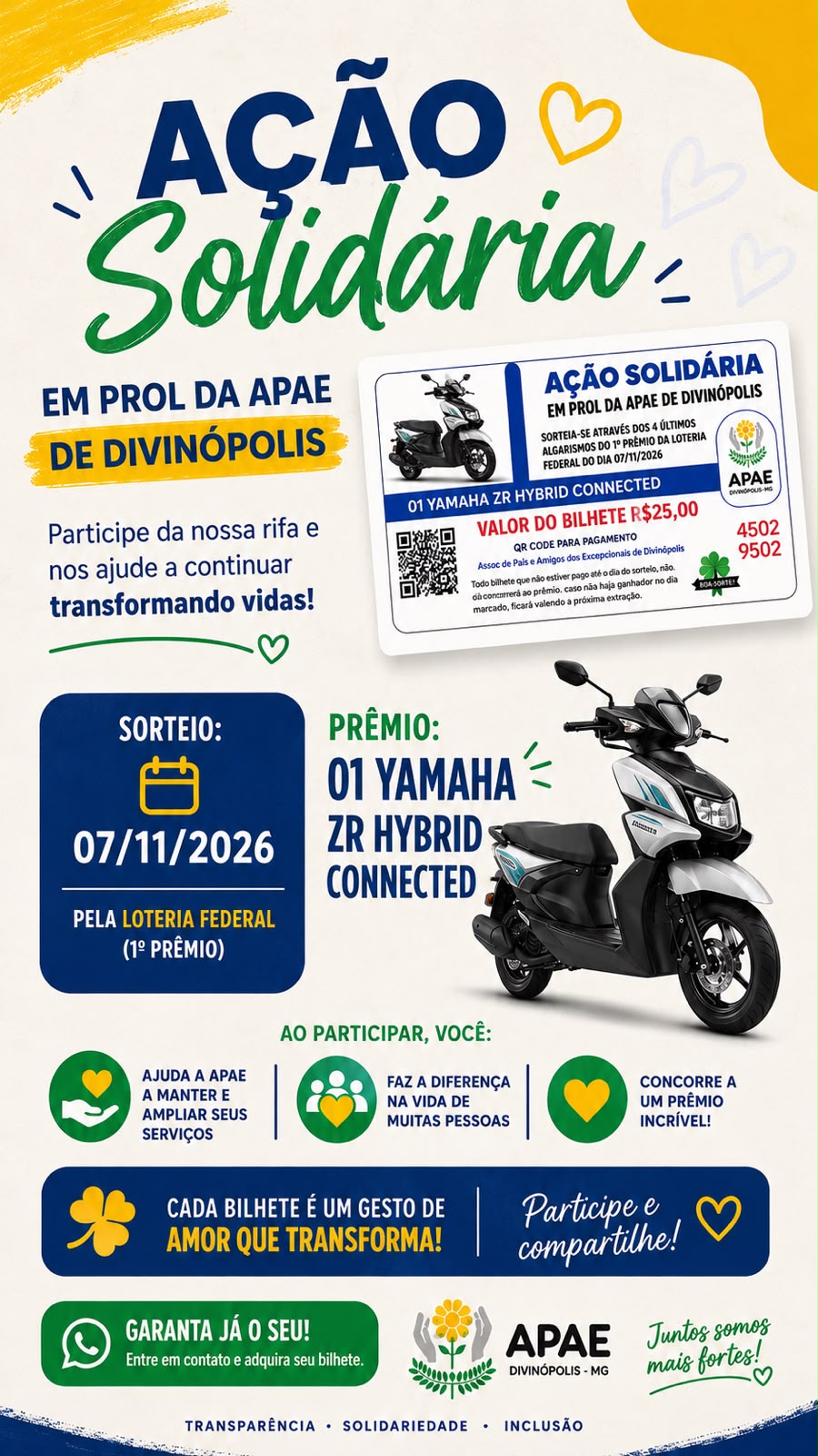 APAE de Divin&oacute;polis promove a&ccedil;&atilde;o solid&aacute;ria com sorteio de moto e bilhetes a R$ 25