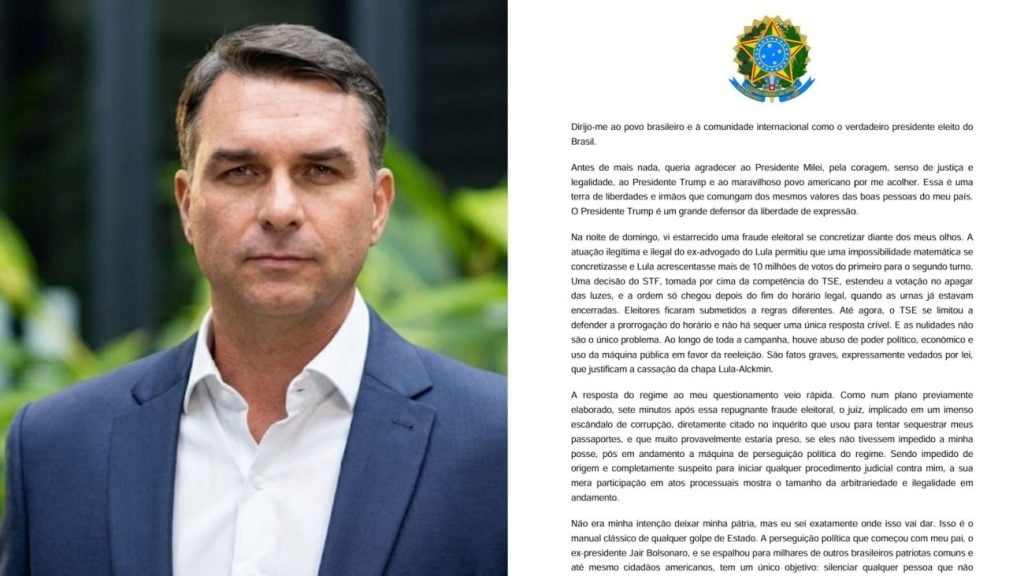 Em carta ap&oacute;s fuga, Fl&aacute;vio Bolsonaro se autodeclara 'presidente eleito do Brasil'