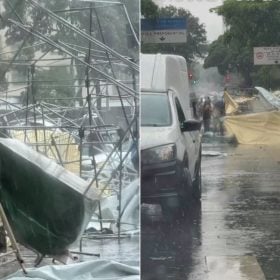 Temporal com ventos fortes derruba barracas da Feira Hippie e causa alagamentos em BH
